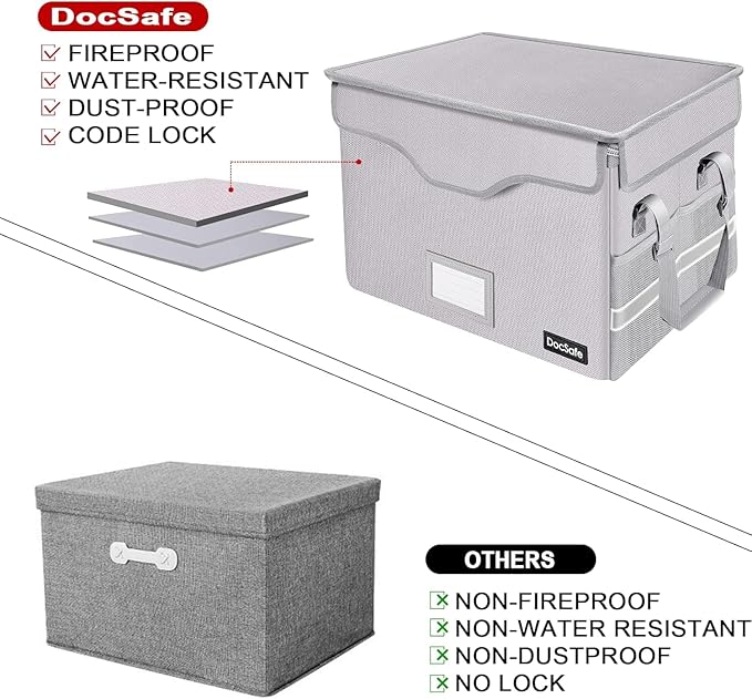 DocSafe Fireproof Document Box with Lock,File Storage Organizer with Pockets,Collapsible Portable File Box Home Office Safe Filing Cabinet with Handle for Hanging Letter/Legal Folders,Silver,2 Pack