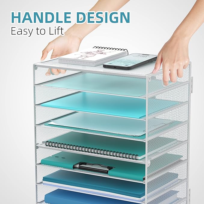 DALTACK 9-Tier Paper Letter Tray Desk Organizer with Handles, Mesh File Holder Organization, Paper Sorter Desk Organizer for Office Home School, White 2 Pack