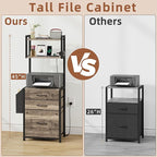 Small 3 Drawer File Cabinet with Charging Station, 45''H, 3-Tier Filing Cabinet for Home Office, 11''*16'' for Small Printer, Fabric Drawer Fits Letter/A4, Tall Printer Stand, Grey