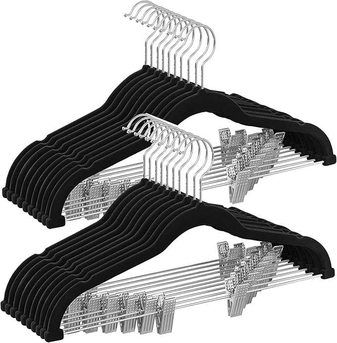 SONGMICS 20-Pack Pants Hangers, 16.7-Inch Long Velvet Hangers with Adjustable Clips, Heavy-Duty, Non-Slip Skirt Hangers, Space-Saving for Pants, Skirts, Coats, Dresses, Black UCRF012B20