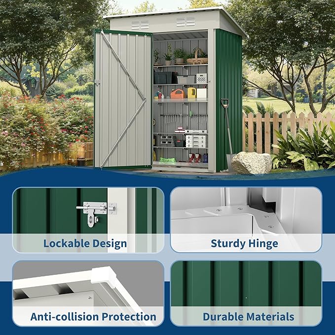 5×3FT Storage Shed，67CU.FT Tool Shed with Sloping Roof and Lockable Door, Compact Metal Tool Garden Shed for Garden, Backyard, Patio