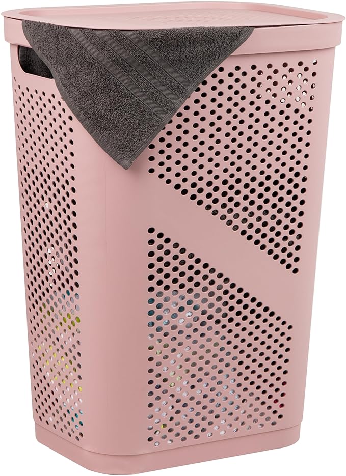 Mind Reader Slim Laundry Hamper with Lid, 60L Clothes Basket, Ventilated Plastic, Pink