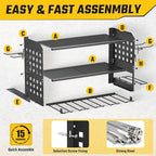 Power Tool Organizer, Heavy Duty Wall Mount Tool Organizer 3 Layers with 4 Drill Holders, Garage Tools Storage Rack with 2 Side Pegboards and Hooks for Workshop, Shed, Black