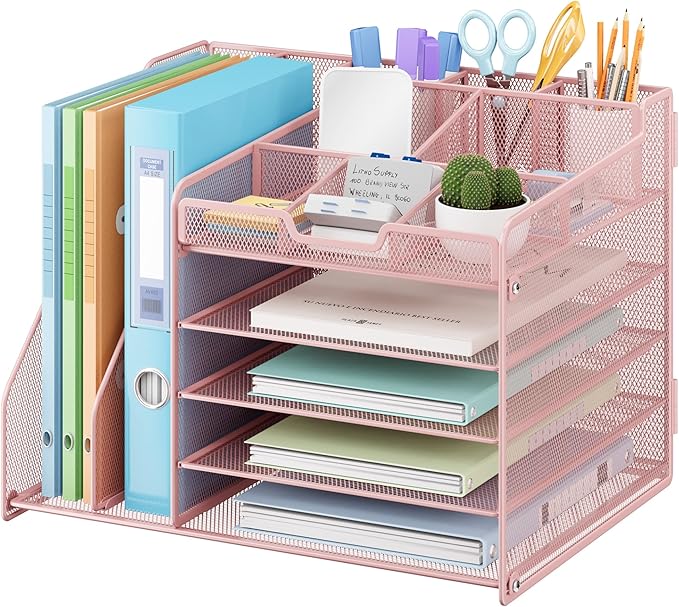Lavatino 5-Tier Desk Organizer with 2 File Holders, Metal Adjustable Paper Letter Tray for Office or Home Desk Organizers and Accessories | 7 Flexible Dividers Keep Workspace Supplies Neat, Pink