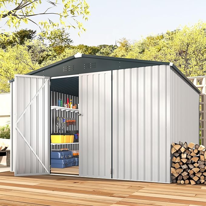 ACOJOY 10'x10' Shed, Large Metal Storage Sheds & Outdoor Clearance, Steel Backyard Shed with Lockable Doors, Utility and Tool Storage for Garden, Patio, Outside Use in White