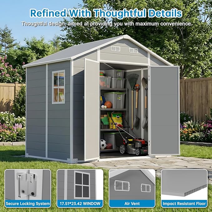 Larbanke 8x6FT Outdoor Storage Shed with Floor, Resin Tool Shed with Lockable Door and Air Ventilation, Waterproof Garden Storage Shed with Sloped Roof for Patio, Lawn, and Backyard, Gray