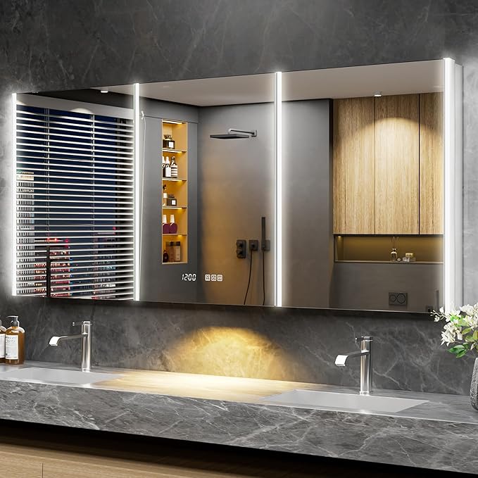 72x32 Lighted Medicine Cabinet Mirror with Magnifying & Night Lamp, 155° Soft-Close Hinge, Surface or Recessed Medicine Cabinet with Lights & Outlet, GFCI,Time Display& Inner Light,Hardwired