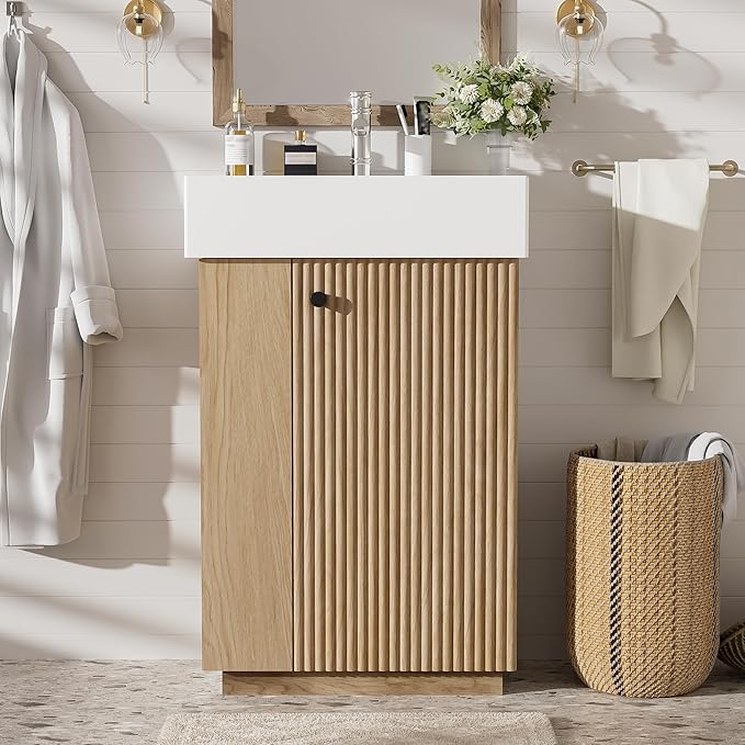 21.6" Small Fluted Bathroom Vanity with Sink,Soft Closing Doors and Storage Shelves,Natural Wood Single Bathroom Sink Cabinet Combo Freestanding, Natural Wood