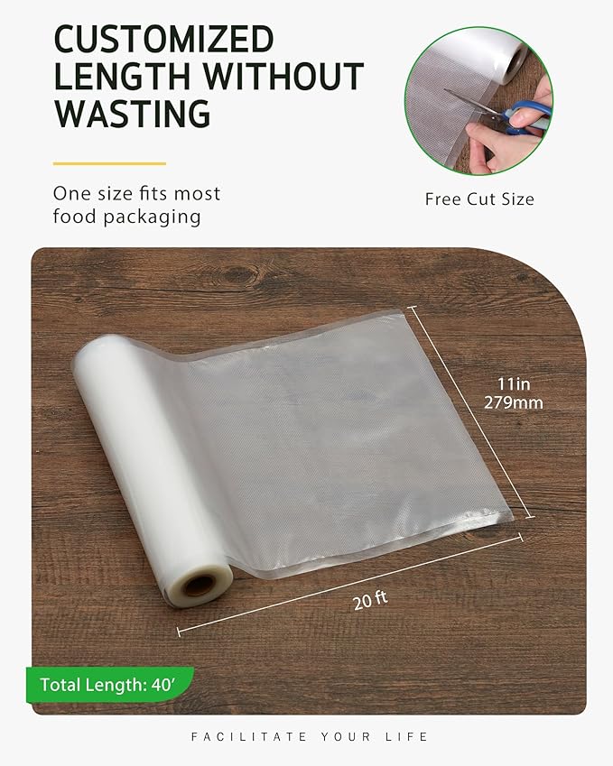 Syntus Vacuum Sealer Bags for food, 2 Pack 11" x 20' Commercial Grade Bag Rolls, Food Vac Bags for Storage, Meal Prep or Sous Vide