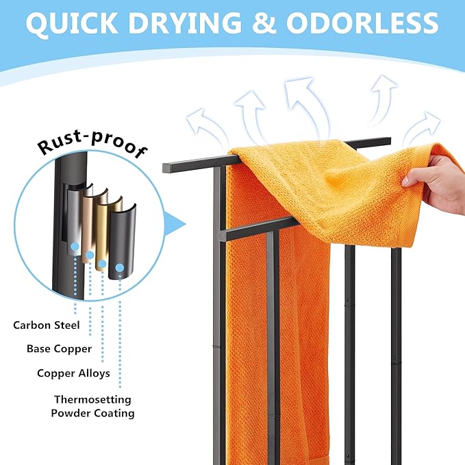 Standing Towel Racks for Bathroom, 2 Tier Bathroom Floor Free Standing Towel Rack, Tall Enough Pool Bath Drying and Dispaly Outdoor Stand for Storage, Black Freestanding Blanket Holder, ALHAKIN