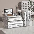 4-Tier Horizontal Acrylic Paper Tray Organizer with Bookends | Clear Stackable Desk Organizer for Documents, Letters, A4 Paper | Modern Office/Classroom/Home Organization