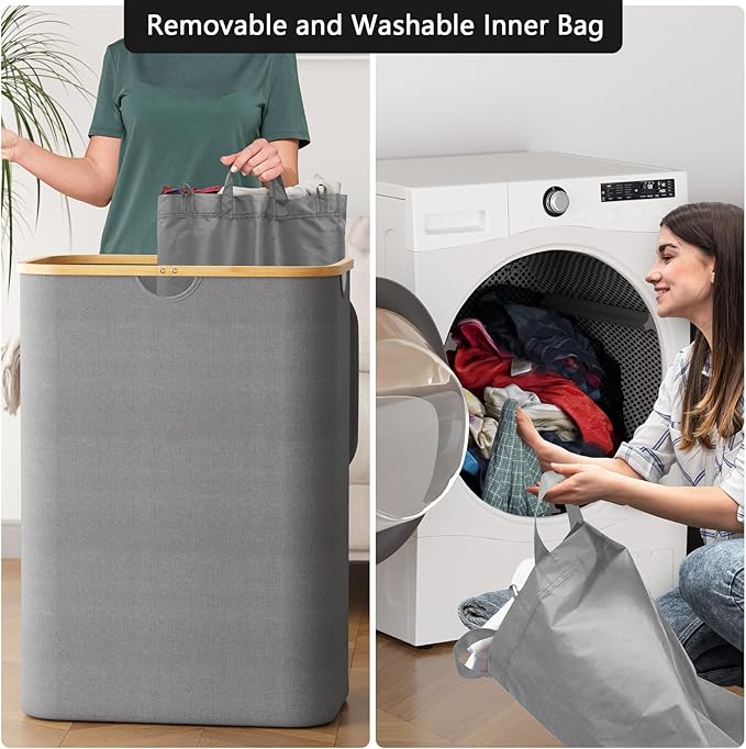 SpaceAid Double Laundry Hamper 2 Section with Lid and Removable Laundry Bags, 160L Clothes Basket with Bamboo Handles, Large Collapsible Hamper for Bedroom, Bathroom, Dorm, Laundry Room - Grey