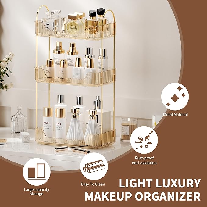 3 Tier Bathroom Organizer Countertop Makeup Perfume Tray Skincare Organizer for Bathroom Dresser Vanity (Gold)