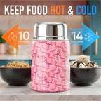 Earth&ME 17 OZ Soup Thermo for Hot & Cold Food for Kids, Vacuum Insulated Steel Lunch Container, Kids Wide Mouth Bento Thermal Food Jar, Warm Food Lunchbox Thermo Bowls with Spoon (Flamingo)