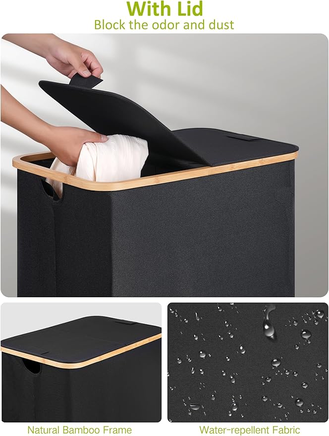 efluky Double Laundry Hamper with Wheels, Divided Laundry Hamper with Removable Bags, 2 Section Dirty Clothes Basket with Handles for Bathroom, Bedroom & Laundry Room, 160L Dark Black