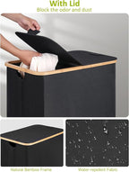 efluky Double Laundry Hamper with Wheels, Divided Laundry Hamper with Removable Bags, 2 Section Dirty Clothes Basket with Handles for Bathroom, Bedroom & Laundry Room, 160L Dark Black