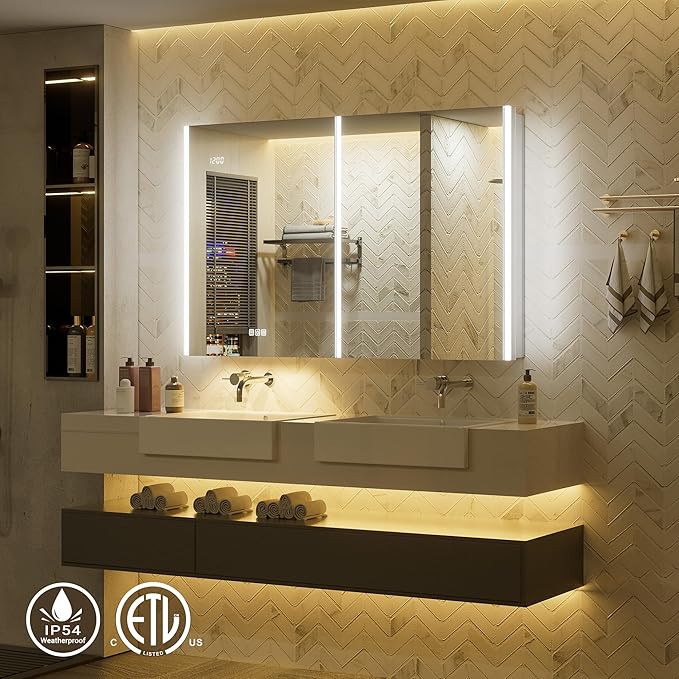 54x30 Lighted Medicine Cabinet Mirror with Lights & Smart Night Lamp -Surface or Recessed Medicine Cabinet with Outlet & Clock,Fogless Dimmable LED Storage Mirror,Built-in Sensor Light