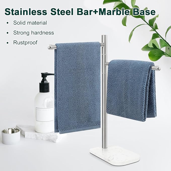 Hand Towel Holder, F-Shape Hand Towel Stand with Marble Base, Stainless Steel Swivel Hand Towel Rack Standing Towel Bar for Bathroom Kitchen Countertop, 2 Arms (Brushed Nickel)