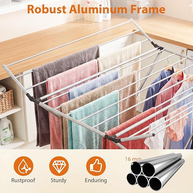 Tangkula Aluminum Clothes Drying Rack, Folding Laundry Rack with Sturdy Frame, Foldable Wings & 14 Drying Poles, Space-Saving, Freestanding Drying Rack for Indoor & Outdoor Use