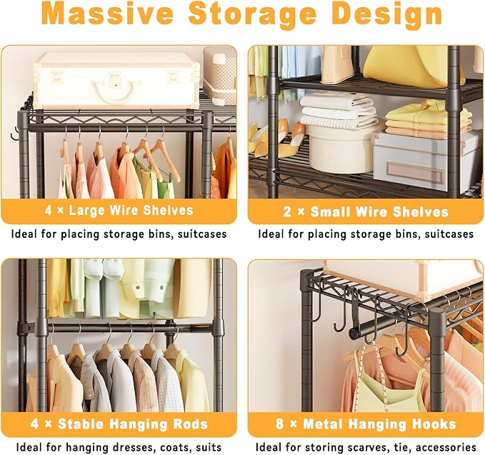 H41 Garment Rack Heavy Duty Clothes Rack, Clothing Racks for Hanging Clothes, Extra Large Freestanding Portable Closet Wardrobe Rack 78.5'' W × 15.8'' D × 76.4'' H, Max Load 1150 Lbs, Black