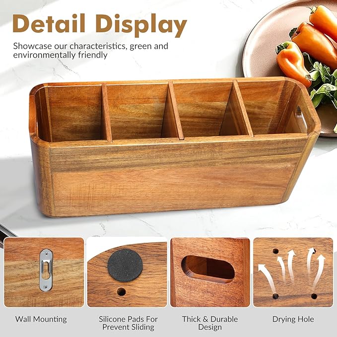 Kitchen Utensil Holder for Counter or Countertop, Extra Large Acacia Wood Organizer with 4 Compartments, Wooden Storage for Cooking and Silverware, Rustic Minimalist Decor, Sturdy Utensil Crock