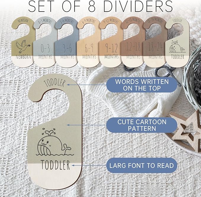Baby Closet Dividers for Clothes Organizer - Set of 8 Wooden Double-Sided Baby Clothes Size Dividers form Newborn to Toddler for Daily Gender-Neutral Baby Nursery Decor