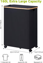 efluky Double Laundry Hamper with Wheels, Divided Laundry Hamper with Removable Bags, 2 Section Dirty Clothes Basket with Handles for Bathroom, Bedroom & Laundry Room, 160L Dark Black
