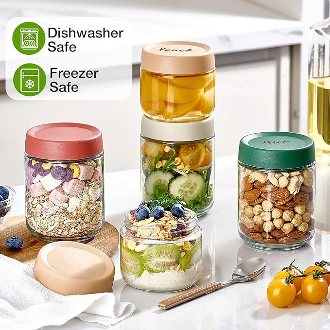 8 Pack Overnight Oats Containers with Lids, Large & Small Glass Mason Jars 16oz & 10 oz, Breakfast Oatmeal Container to Go, Salad Meal Prep Jars for Food Storage, Mush Chia Seed Pudding Jars