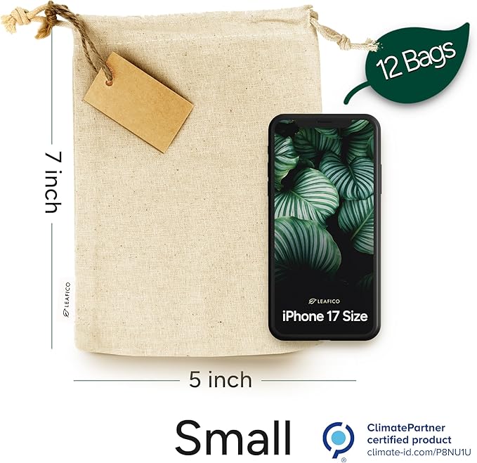 LEAFICO Organic Cotton Reusable Produce Bags - Small 5x7 (12 Pack) - Biodegradable Eco-Friendly Bulk Bin Sacks for Food - Cloth Bags with Drawstrings - Linen Pouch for Fruit, Vegetable Storage