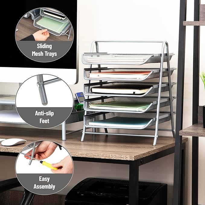 Mind Reader 5-Tier Paper Tray Organizer, Vertical Desktop File Storage Rack, Office, Metal Mesh, Silver