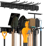 Garage Tool Storage Rack, Heavy Duty Garage Storage Organizer Rack System Wall Mounted Tool with 6 double hooks, 2 rails, Garden Yard Tools Hanger Rack for Ski Gears, Broom, Rake,Shovel