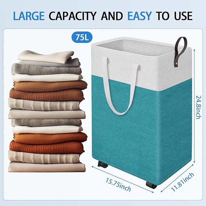 HomeHacks 75L Rolling Laundry Basket with Wheels, Collapsible & Waterproof Laundry Hamper, Mobile Clothes Hamper, Storage Laundry Bins with Handles for Laundry Room, Bedroom, Bathroom & Dorm, Green