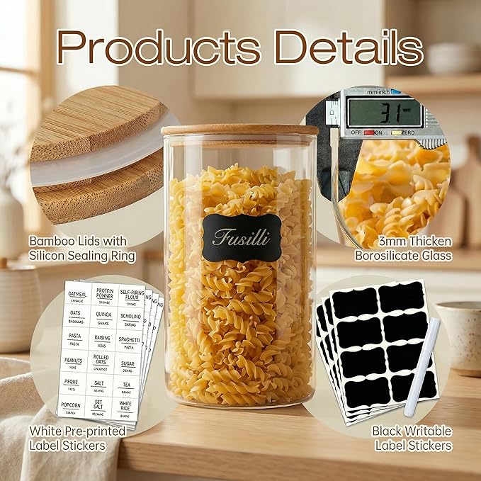 Extra Large Glass Flour and Sugar Storage Containers with Airtight Lids,132 floz x2 [Set of 2] Big Glass Jars with Bamboo Lids, Air Tight Food Storage Jars for Cereal, Pasta, Rice, Coffee