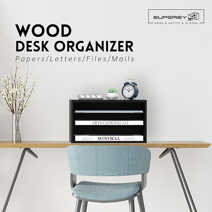 SUPEASY Wooden Desk Organizer - 3 Tier Paper File Organizer for Office, School & Home, Black