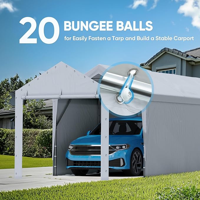 ADVANCE OUTDOOR 12x20 ft Carport Replacement Door with Zippers Tarp, Heavy-Duty Waterproof & UV Protected, Easy Installation with Ball Bungees, White, One Door Only