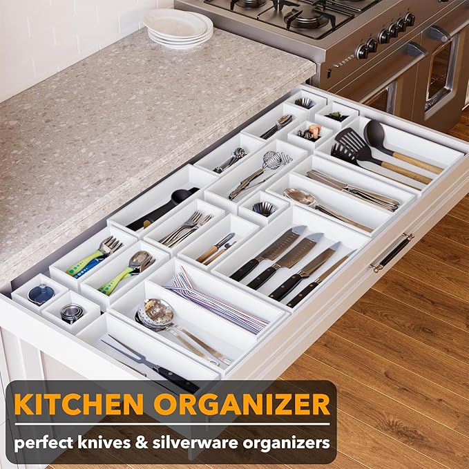 SpaceAid 21-Piece Bamboo Drawer Organizer Storage Boxes Set, Wood Tray Junk Drawer Organizers Multi-Use Divider Bins for Kitchen, Bathroom, Office Desk and Makeup Organization (21 Pack, White)