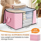 Fab totes 4 Pack Clothes Storage, Foldable Thick Fabric Blanket Storage Bags, Containers for Organizing Bedroom, Closet, Clothing, Comforter, Organization with Handle,Pink