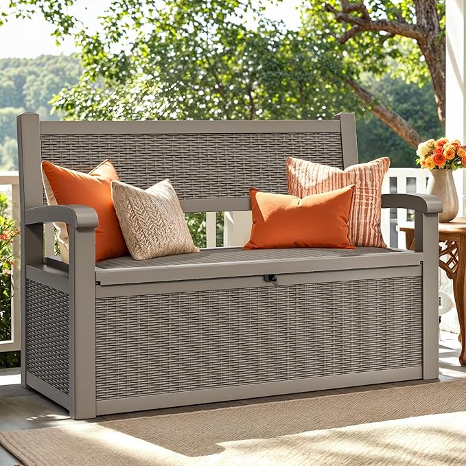 YITAHOME 70 Gallon Storage Bench Deck Box, Lockable Patio Bench, Waterproof Outdoor Pool Deck Storage for Patio Cushions, Garden Tools and Pool Supplies, Light Brown