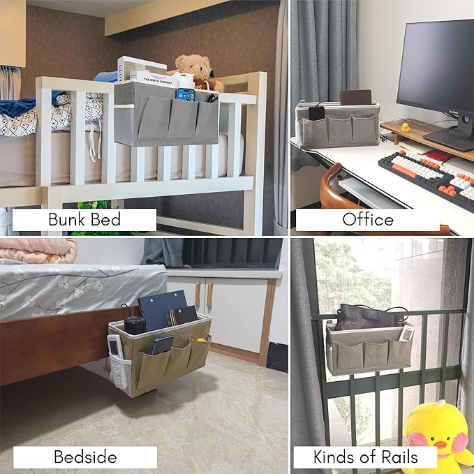 Bedside Caddy Hanging Storage Bag, Organizer Baskets with Pockets for Bunk Bed Accessories, Loft & Dorm Rooms Chair Bed Rails (White-2pcs)