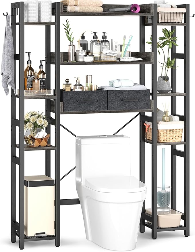 Over The Toilet Storage with 2 Drawers - 11 Tier Bathroom Organizer Freestanding Space Saver Storage Rack with Adjustable Shelf Above Toilet Stand with 4 Hooks for Restroom, Laundry, Grey Oak