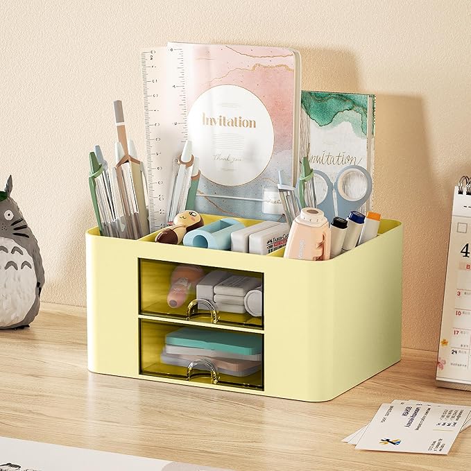 Marbrasse Pen Organizer with 2 Drawer, Multi-Functional Pencil Holder for Desk, Desk Organizers and Accessories with 5 Compartments + Drawer for Office Art Supplies (Yellow)