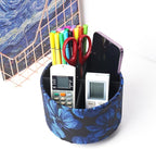 QIELIZI Round Leather Art Supply Organizer,Remote Control Holder,360 Degree Rotating,Multi-Functional Pencil Holder,4 Compartments Desktop Stationary Organizer(1-Dahlia Dark Blue)