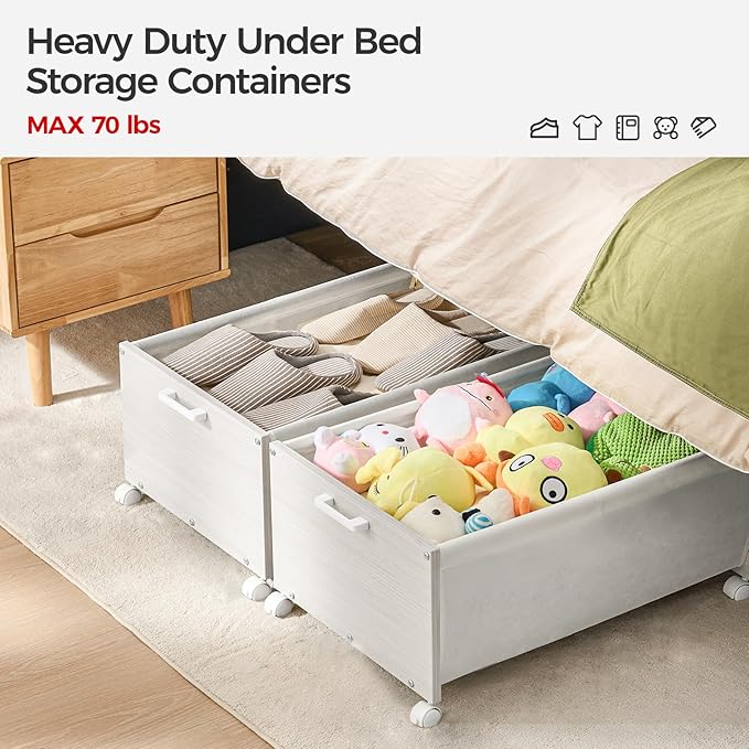 Under Bed Storage with Wheels, Wooden Under Bed Drawers On Wheels, Rolling Under Bed Shoe Storage, Space Saving,White,Quadruple Size,90L