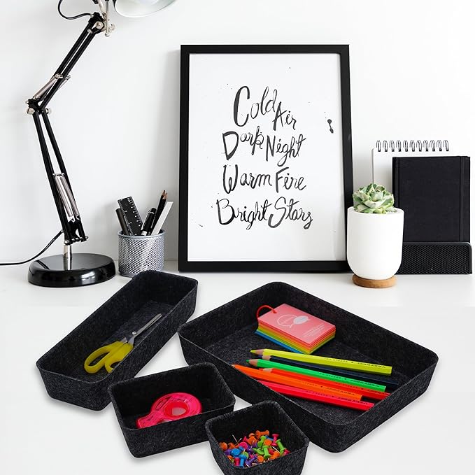 Welaxy Desk Drawer Organizer Tray, 8-Piece Shallow Felt Office Storage for Pens & Accessories (Charcoal)