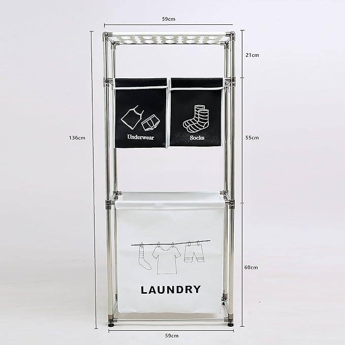 3-Tier Laundry Sorter Hamper with 4 Removable Oxford Fabric Bags, Heavy-Duty Iron Frame, Waterproof MDF Shelves, Side Hooks, 23.2"L x 11.4"W x 53.5"H
