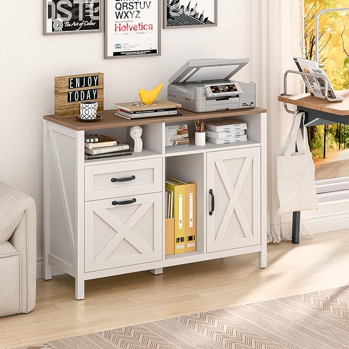 Lateral File Cabinet with 2 Drawers and Door, Farmhouse File Cabinet for A4/Letter Size Hanging Files, Large Wood File Storage Cabinets Printer Stand with Open Space for Home Office Furniture, White