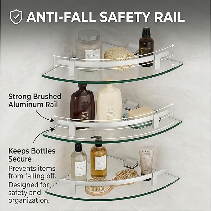 Glass Corner Shelf for Bathroom Corner Shelf, 3 Pack Tempered Glass Shelf with Silver Metal Rails,Suitable for Bathroom