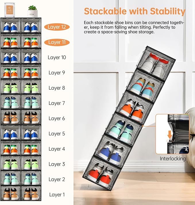 Clemate Upgraded X-Large Shoe Storage Box,12 Pack,Shoe Box Clear Plastic Stackable,Drop Front Shoe Box with Clear Door,Shoe Organizer Containers For Sneaker Display,Fit up to US Size13, Ashy
