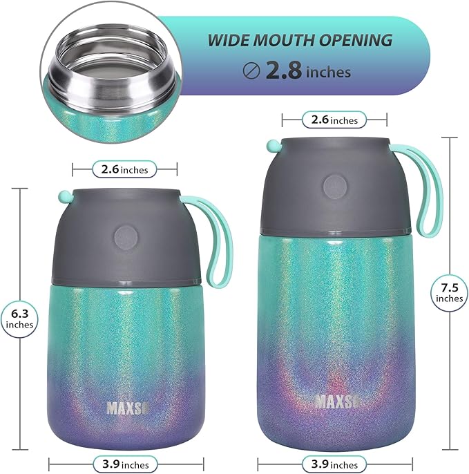 MAXSO 2 Pack Soup Thermo for Hot & Cold Food for Kids Adults, Vacuum Insulated Food Jar Thermal Lunch Containers, Travel Food Flask with Spoon (24 oz,17 oz) (Glitter Rainbow)