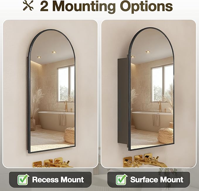 Arched Medicine Cabinet Mirror No Assembly Needed Bathroom Mirror with Storage Recessed or Surface Mount Options (Black, 29.5" L x 15.8" W)